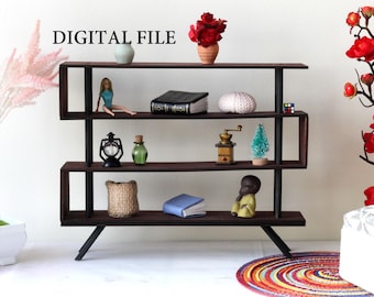 Kit de archivo digital de estantería industrial moderna en miniatura, plantilla vectorial de muebles para casa de muñecas para descargar, estantería en forma de S a escala 1:6 SVG para manualidades