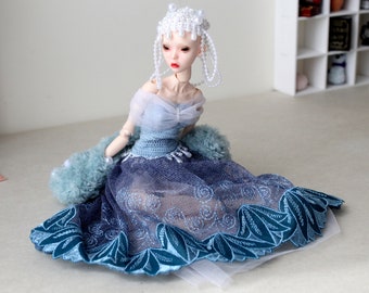 Popovy sister elegant outfit set dress blue turquoise sweater clothes crochet tu tu skirt lace long diamond Cinderella Malvina 1:4 scale