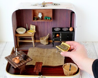 Handmade Miniature Dollhouse in Suitcase, 1:12 Scale Victorian Room old rustic room box