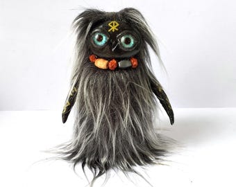 Handmade Totem Doll, collectable Clay Figurine, Gold Runes display talisman dweller