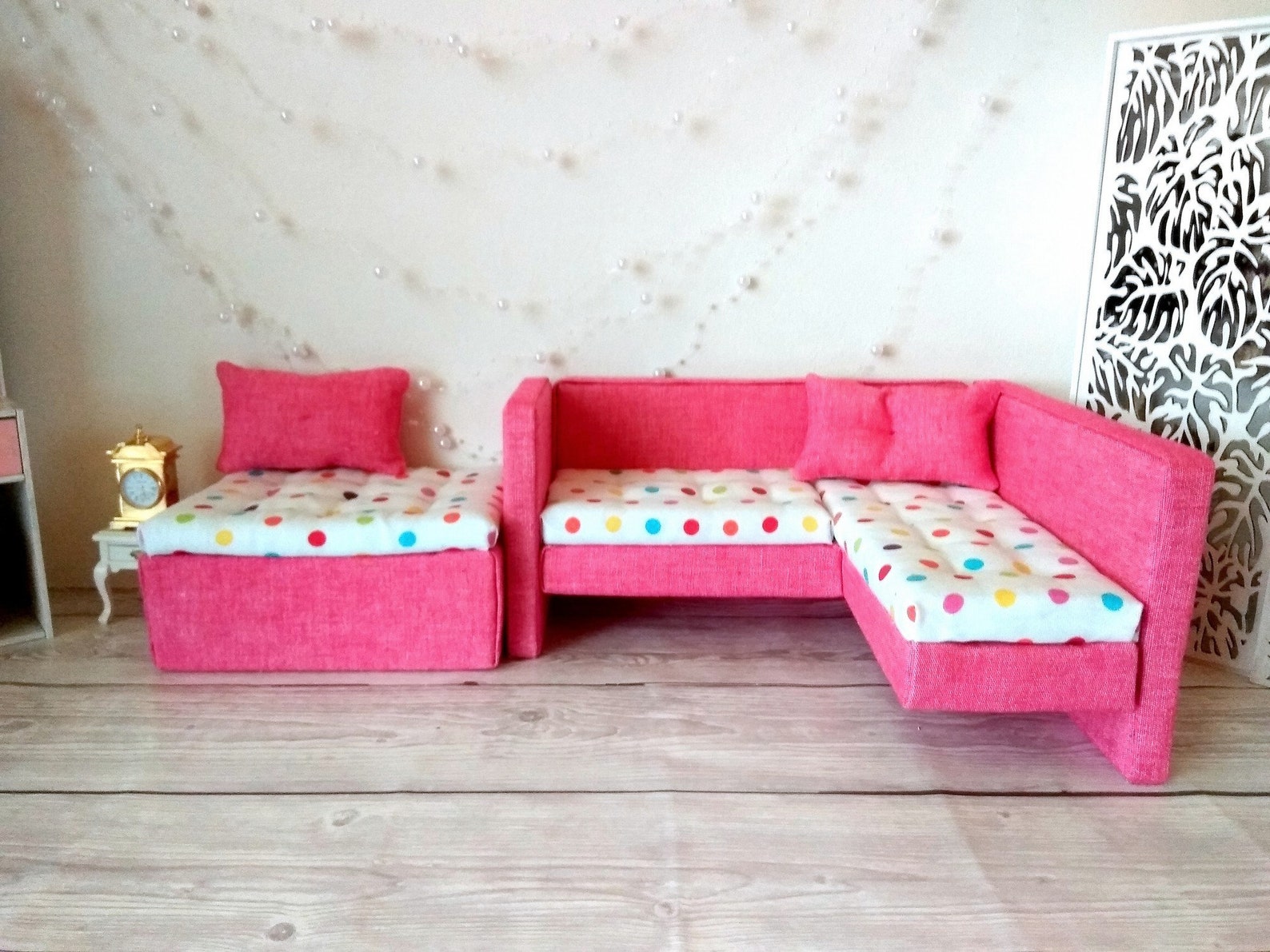 Miniatur-Bett 2 in 1 Puppenhaus Möbel. Rosa gepunktete Farbe | Etsy