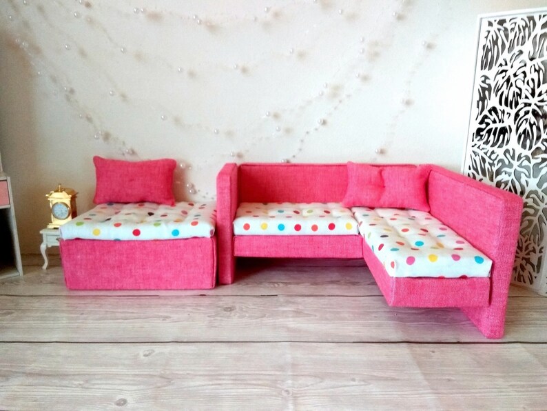 Miniatur-Bett 2 in 1 Puppenhaus Möbel. Rosa gepunktete Farbe | Etsy