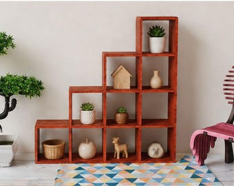 Miniature drawer staircase dollhouse furniture 1:6 scale laser cut bookcase mahogany (3D visualisation)