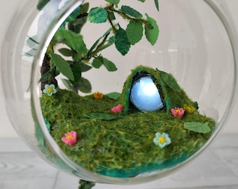 Fairy garden terrarium featuring LED lighting. Hanging glass ball, Tabletop Diorama with greenery