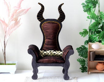 Miniature chair with horns, goth devil dollhouse furniture. Black gold luxury armchair Halloween diorama 1:6 scale 12-inch BJD doll gothic