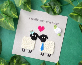 Greetings card I really love you Ewe, two knitted sheep's postcard wedding husband and wife beloved girlfriend boyfriend congratulate farm