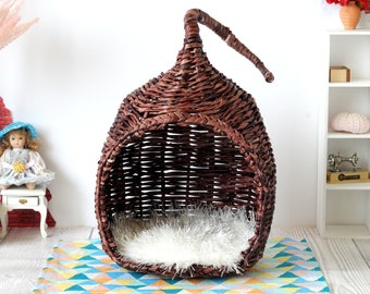 Miniature wicker hanging chair 1:8 scale dollhouse furniture handmade fairy nest BJD doll pet cat dog hideout bed seat