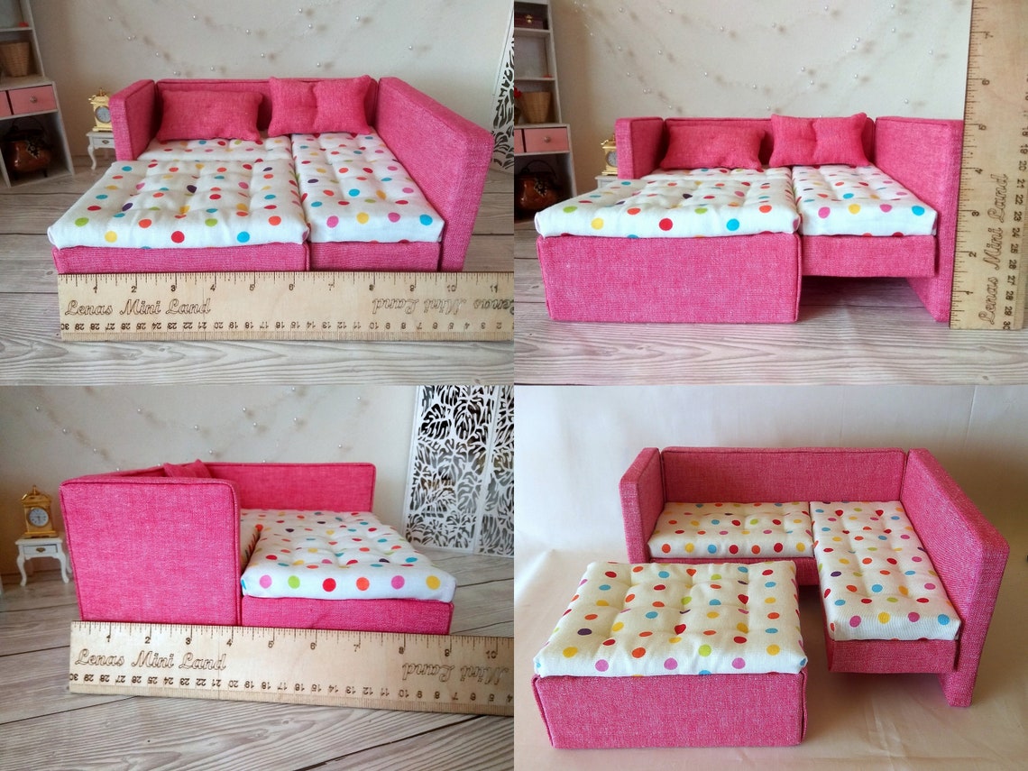 Miniatur-Bett 2 in 1 Puppenhaus Möbel. Rosa gepunktete Farbe | Etsy