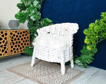 Miniature wicker sofa 1:6 scale dollhouse furniture couch with fluffy matching BJD doll
