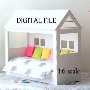 Miniature canopy bed digital file, dollhouse wooden frame bed download laser cut construction set. 1:6 scale BJD doll furniture make myself