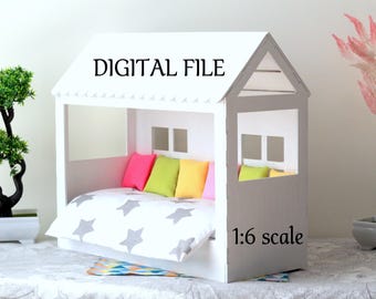Archivo digital de cama con dosel en miniatura, descarga de kit de construcción de cama con estructura de madera para casa de muñecas, cortado con láser. Muebles para muñecas BJD a escala 1:6, para hacer uno mismo.