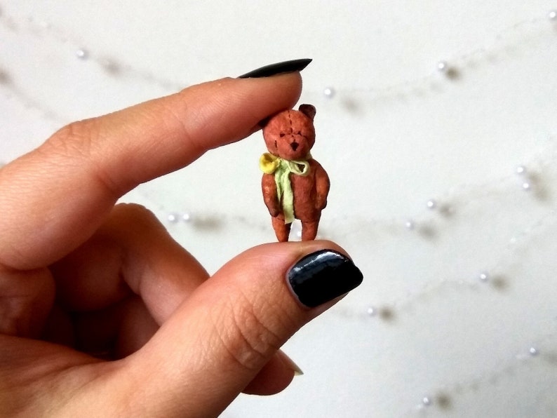 Micro teddy bear toy for 1:12 scale BJD dolls. Dollhouse miniature nursery prop cotton felt. Realpuki Irealdoll Lati White Yellow Pukipuki image 1