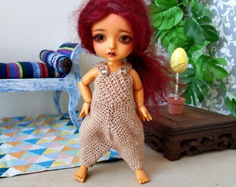 Lati yellow crochet overalls, beige clothes 1:8 scale BJD doll outfit pants Luts Pukifee trousers wear