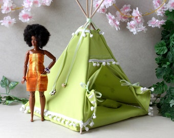 Miniature teepee tent for dolls, green 1:6 scale wigwam picnic dollhouse furniture BJD summer
