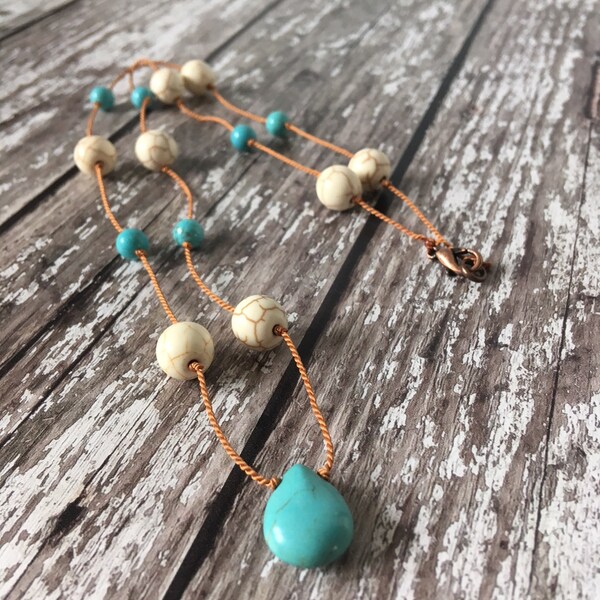Long Turquoise Knotted Necklace, Turquoise Jewelry, Boho Necklace, Turquoise Necklace, Boho Jewelry, Statement Necklace, Western Jewelry