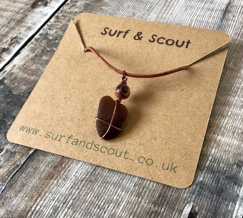 Leather Necklace Sea Glass Pendant Ocean Jewelry,Gift For Her,Unique Necklace Brown Sea Glass Necklace Brown Necklace Sea Glass Jewelry