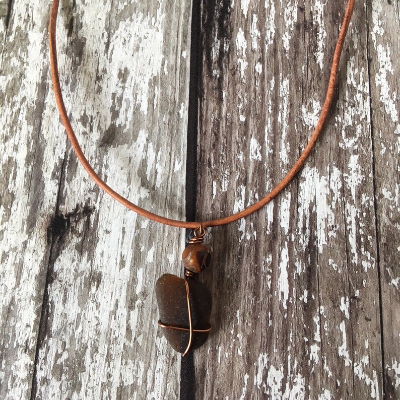 Leather Necklace Sea Glass Pendant Ocean Jewelry,Gift For Her,Unique Necklace Brown Sea Glass Necklace Brown Necklace Sea Glass Jewelry