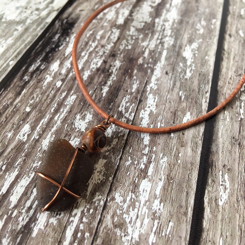 Leather Necklace Sea Glass Pendant Ocean Jewelry,Gift For Her,Unique Necklace Brown Sea Glass Necklace Brown Necklace Sea Glass Jewelry