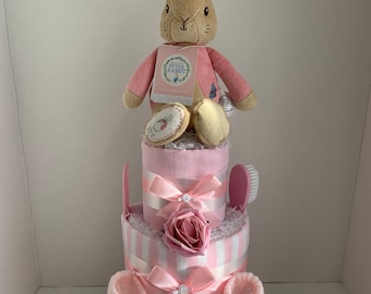 Pink rabbit nappy cake, new baby gift, baby shower gift, gift for new granddaughter, newborn hamper, new mum gift
