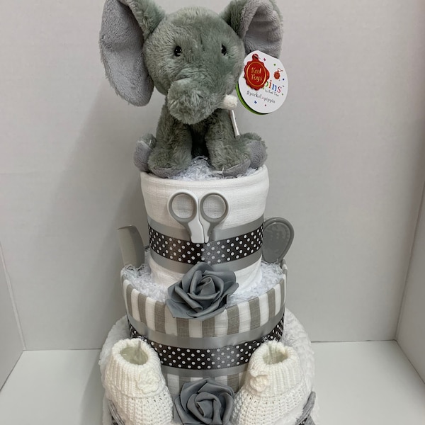 Elephant Nappy Cake, Unisex Baby Shower Gift, New Mum Gift