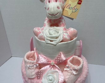 Pink Giraffe Nappy Cake: Baby Girl Hamper, Safari Theme, gift for newborn
