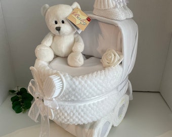 white nappy cake pram, neutral baby shower gift, new baby gift, unisex baby hamper