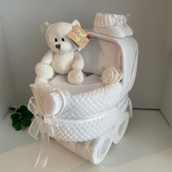 white nappy cake pram, neutral baby shower gift, new baby gift, unisex baby hamper