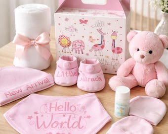 New Baby Girl Gift box, baby shower present, Hello World Bib, baby essentials
