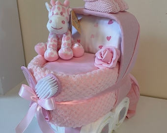 Nappy Cake Pram, baby girl hamper, pink baby shower, new baby gift, nappy cake gift