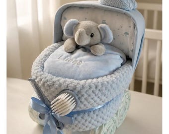 Personalised Nappy Cake Pram: Blue Baby Boy Hamper, Gift For New Mum
