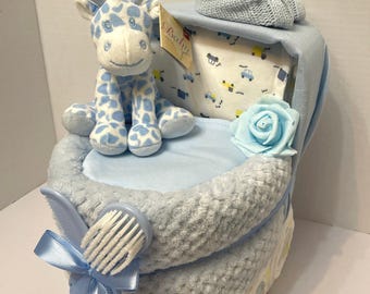Nappy Cake Pram, Baby Shower Gift Hamper, Blue Giraffe