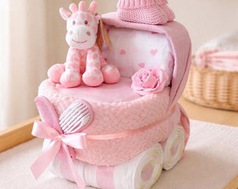 Nappy Cake Pram, baby girl hamper, pink baby shower, new baby gift, nappy cake gift