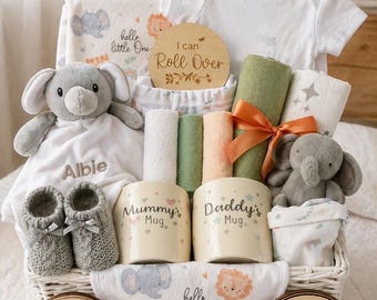 Luxury baby gift set, new parents mugs, newborn safari themed hamper, grandchild gift