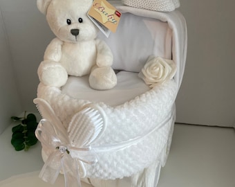 white nappy cake pram, neutral baby shower gift, new baby gift, unisex baby hamper