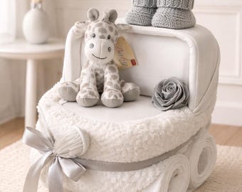 Unisex Nappy Cake Pram, Neutral Baby Shower Gift Hamper