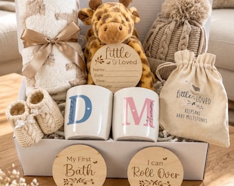 New Baby Gift Box with New Parents Mugs, Milestone Discs and Personalised Comforter, neutral booties