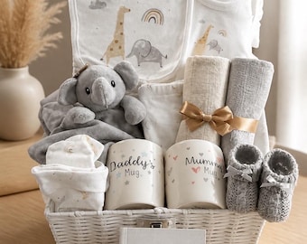Luxury baby gift set, mummy daddy mugs, newborn safari outfit, baby shower hamper