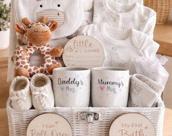 Luxury baby gift set, new parents mugs, newborn safari themed hamper, grandchild gift