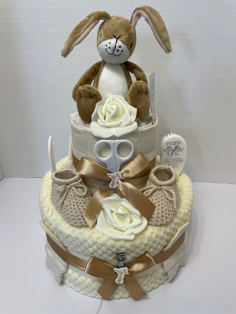 Neutral Nappy Cake, baby shower gift, unisex nappy cake, cream baby gift, nutbrown hare, Easter rabbit gift, new baby gift image 1