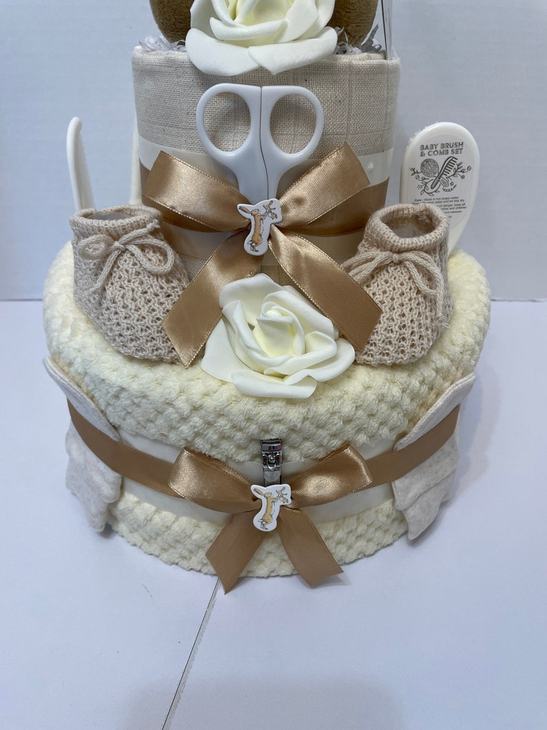 Neutral Nappy Cake, baby shower gift, unisex nappy cake, cream baby gift, nutbrown hare, Easter rabbit gift, new baby gift image 6