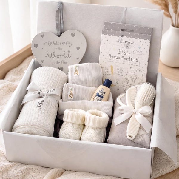 Unisex Baby Clothing Hamper, White Baby Shower Essentials, New Parents Gift Box