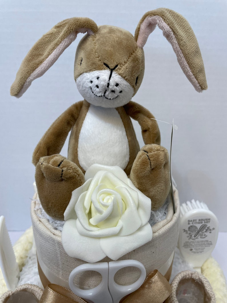 Neutral Nappy Cake, baby shower gift, unisex nappy cake, cream baby gift, nutbrown hare, Easter rabbit gift, new baby gift image 2
