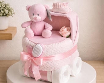 Nappy Cake Pram, baby girl hamper, pink baby shower, new baby gift, nappy cake gift