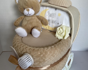 Unisex nappy cake pram, neutral baby blanket and teddy bear, gift for a baby shower
