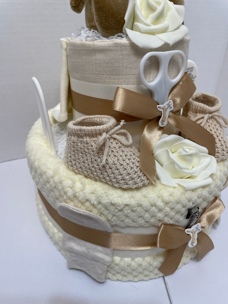 Neutral Nappy Cake, baby shower gift, unisex nappy cake, cream baby gift, nutbrown hare, Easter rabbit gift, new baby gift image 9