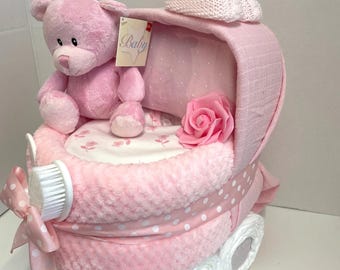 Pink Nappy Cake Pram, Baby Girl Hamper, Shower Gift