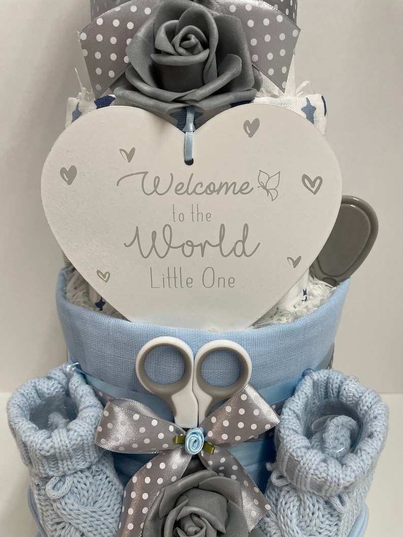 baby boy nappy cake, blue baby shower gift, new baby gift hamper, gift for new mum, newborn hamper, pregnancy gift, baby boy hamper image 4