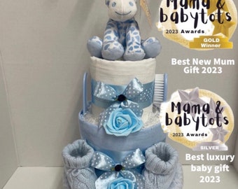 Giraffe Nappy Cake, baby boy hamper, blue baby shower, new baby gift, nappy cake gift