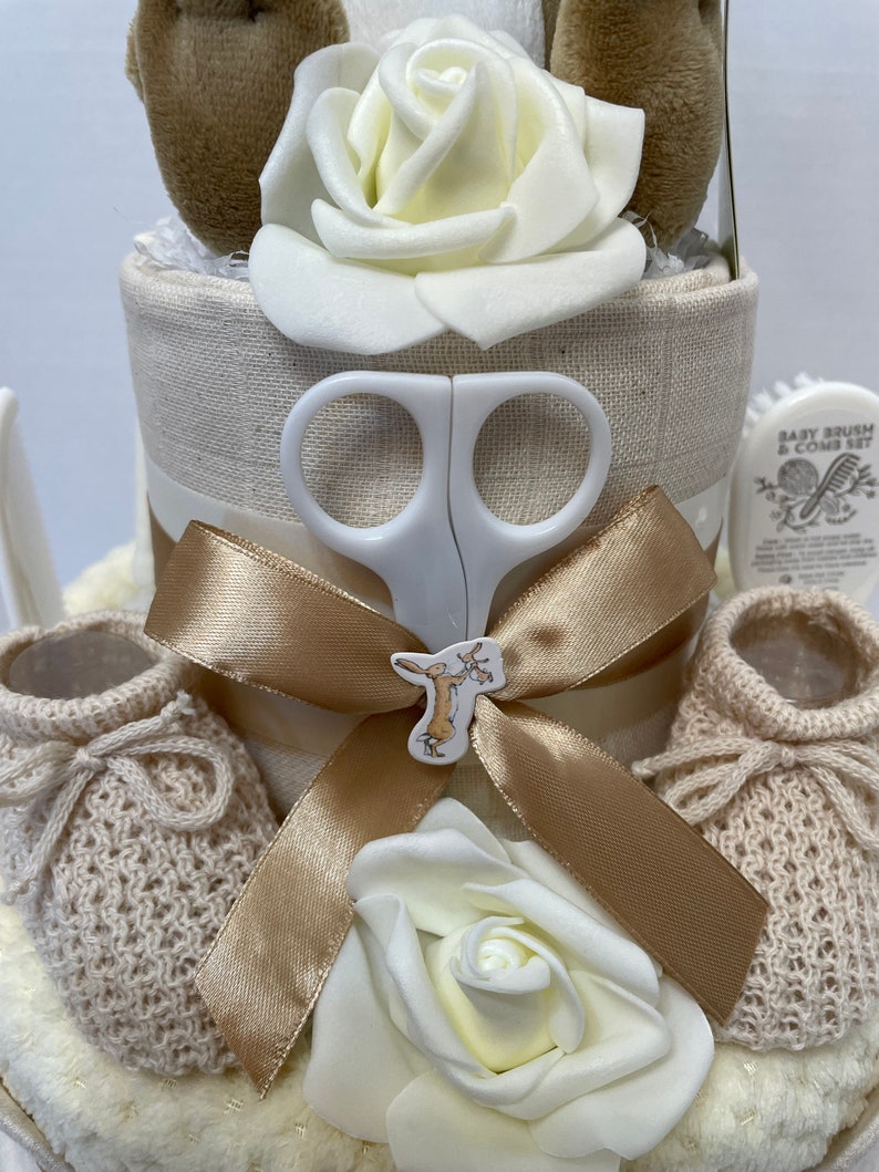 Neutral Nappy Cake, baby shower gift, unisex nappy cake, cream baby gift, nutbrown hare, Easter rabbit gift, new baby gift image 8