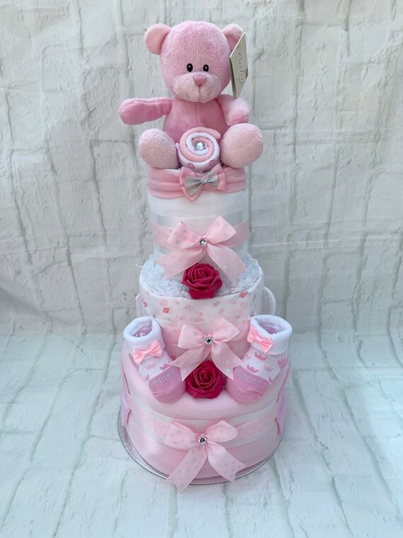 3 Tier Pink Nappy Cake Baby Shower Decorations Unisex Baby Shower